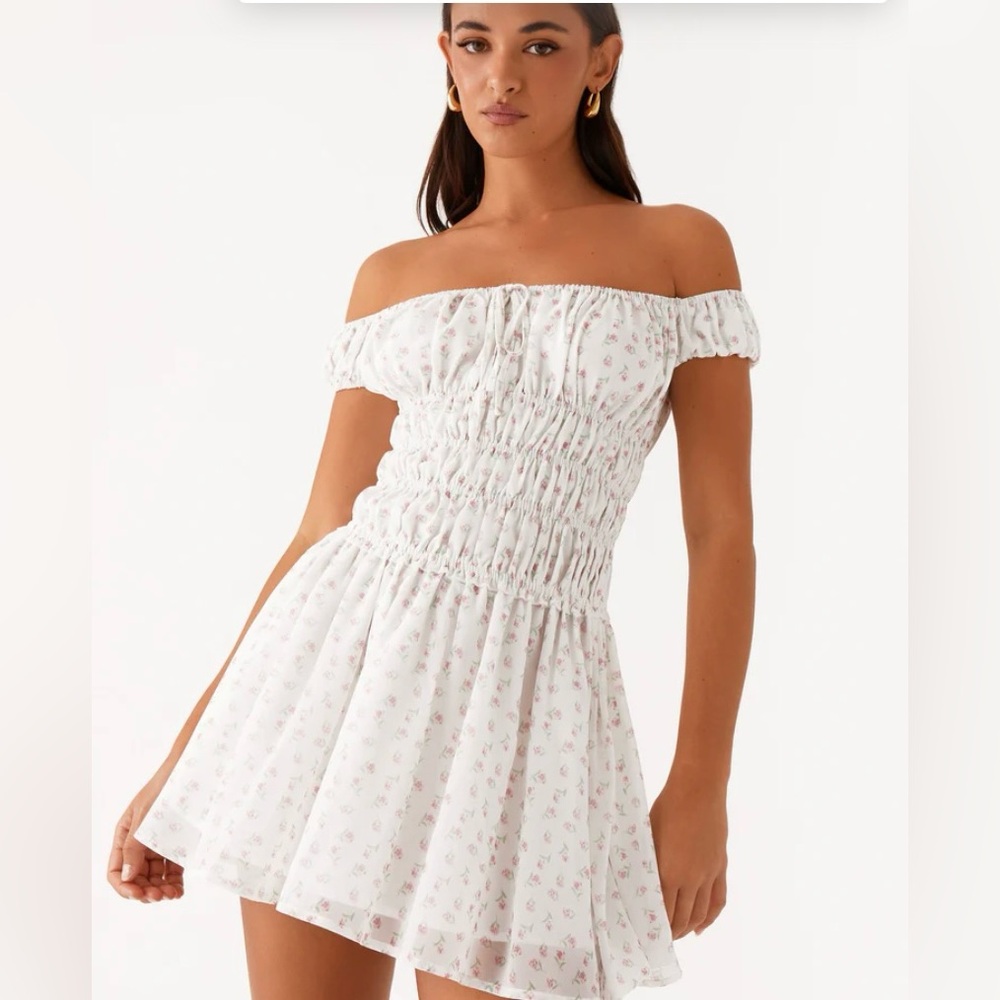 PEPPERMAYO Total Bliss Shirred Off-Shoulder White Floral Mini Dresses